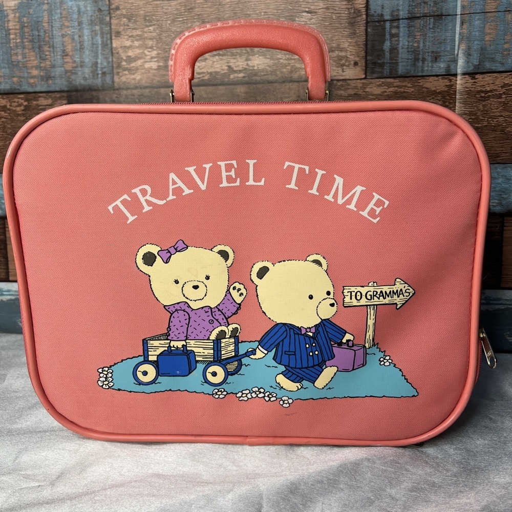 Vintage GOING TO GRANDMA'S Pink 1980s Childs Vinyl Suitcase Travel Carry On